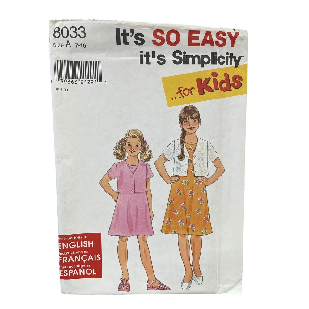 Simplicity 8033 Kids Dress‎ & Jacket Sewing Pattern Size 7-16 Easy